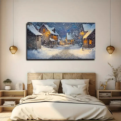 Winter Snowy Village Landscape Wall Art Canvas Office Home Room Framed 120x60cm