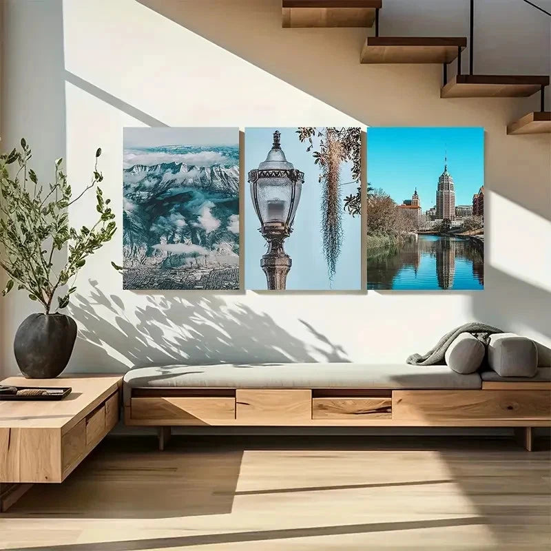 3pcs Vibrant Urban Landscape with Mountain View Metal Print Ready to Hang Art