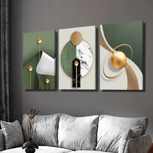 3pcs Modern Abstract Golden Geometric Wall Art Set Canvas Unframed - High Quality Print 100% Australian Made Wall Canvas