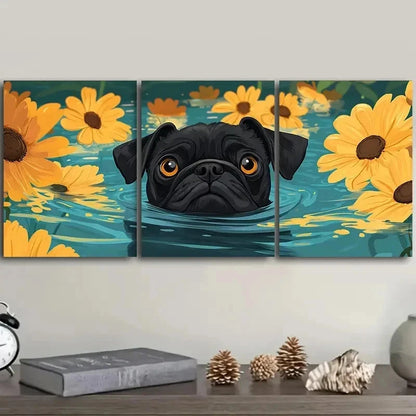 3pcs Cute Pug Swimming in Water Decor Wall Art Set Canvas Framed 40x60cm - High Quality Print 100% Australian Made Wall Canvas Ready to Hang