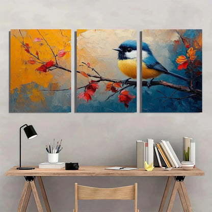 3pcs Vibrant Abstract Chickadee Bird Wall Art Set Canvas Framed 50x70cm - High Quality Print 100% Australian Made Wall Canvas Ready to Hang