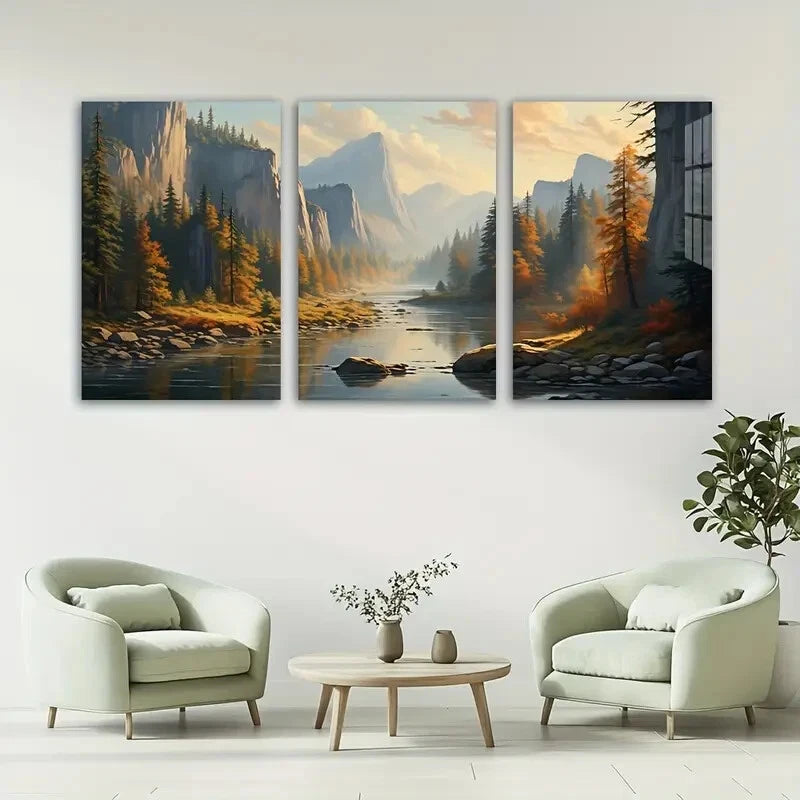 3pcs Mountain Peaks Forest River Sunset Metal Print Ready to Hang Art - Bella Home Decor