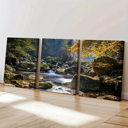3pcs Autumn Forest River Stone Modern Wall Art Set Canvas Framed 60x90cm - High Quality Print 100% Australian Made Wall Canvas Ready to Hang - Bella Home Decor