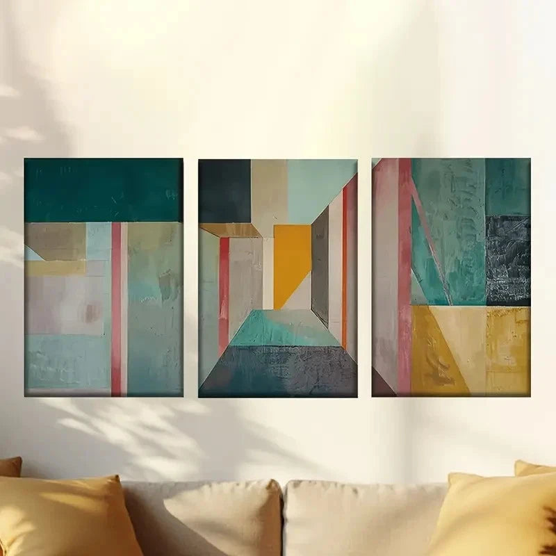 3pcs Abstract Geometric Vibrant Colorful Modern Wall Art Set Canvas Framed 60x90cm - High Quality Print 100% Australian Made Wall Canvas Ready to Hang - Bella Home Decor