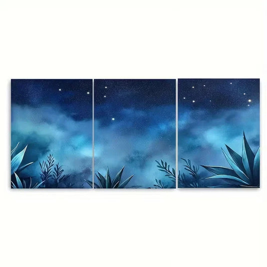 3pcs Agave Plants Under Starlit Sky Wall Art Set Canvas Framed 60x90cm - High Quality Print 100% Australian Made Wall Canvas Ready to Hang