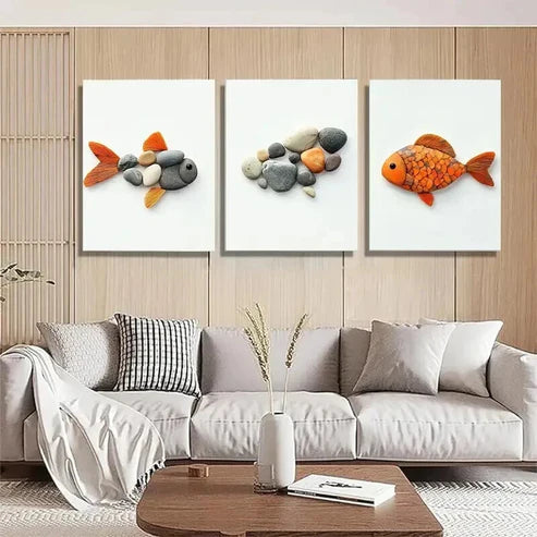 3pcs Pebble Art Fish Unique Stone Perfect Wall Art Canvas Unframed – High Quality Print 100% Australian Made Wall Canvas