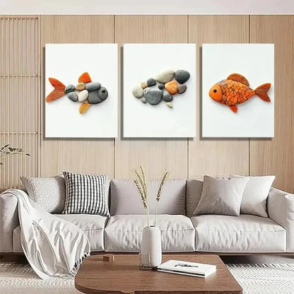3pcs Pebble Art Fish Unique Stone Perfect Wall Art Canvas Unframed – High Quality Print 100% Australian Made Wall Canvas