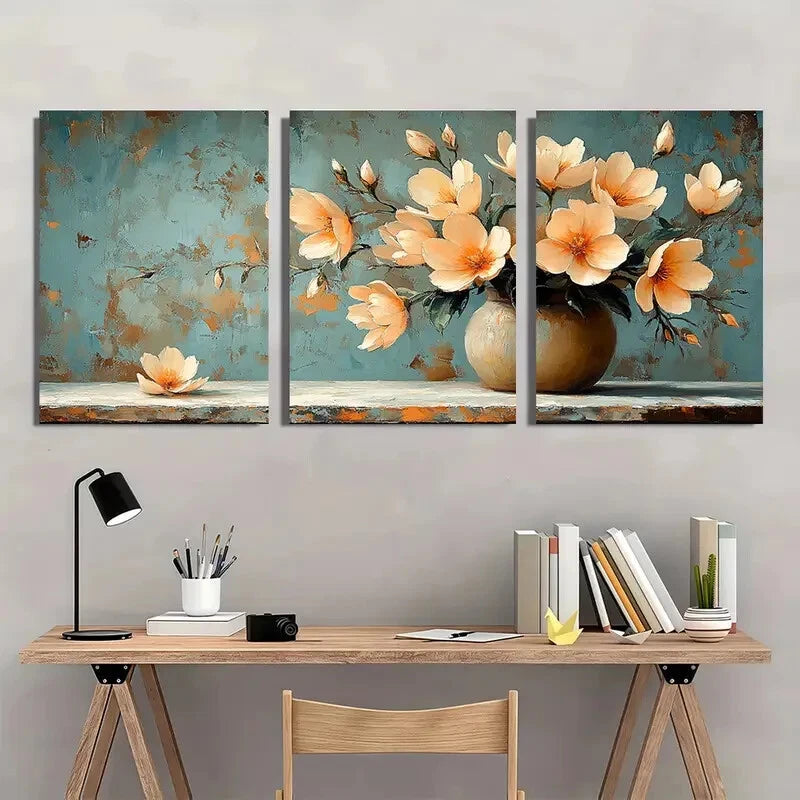 3pcs Elegant Beige Freesia Floral Teal Background Metal Print Ready to Hang Art - Bella Home Decor