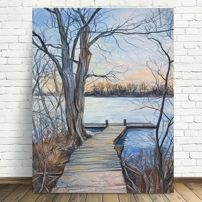 Beautiful Winter Dock Sunset Painting 40x60cm Metal Print Ready to Hang - Bella Home Decor