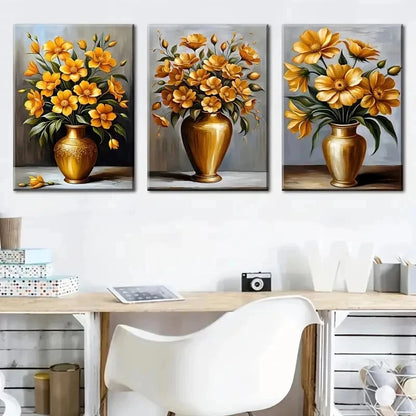 3pcs Vibrant Potted Floral Golden Vase Perfect Wall Art Set Canvas Framed 60x90cm - High Quality Print 100% Australian Made Wall Canvas Ready to Hang