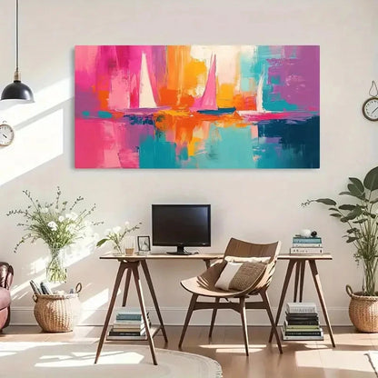Abstract Sailing Boats Vibrant Wall Art Canvas Office Home Room Framed 120x60cm - Bella Home Decor