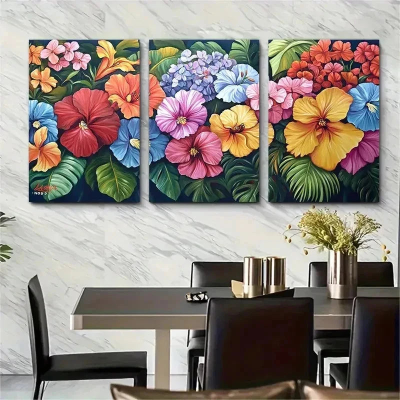 3pcs Colorful Tropical Flowers & Leaves Perfect Wall Art Set Canvas Framed 50x70cm - High Quality Print 100% Australian Made Wall Canvas Ready to Hang - Bella Home Decor