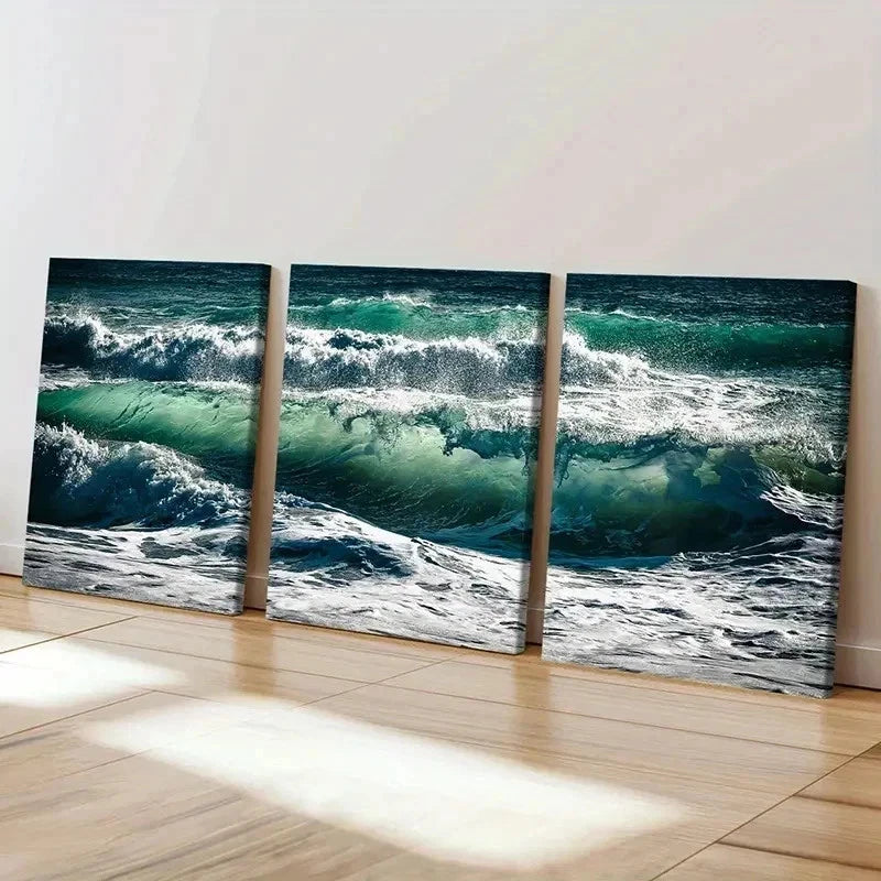 3pcs Ocean Spectacular Waves Modern Wall Art Set Canvas Framed 50x70cm - High Quality Print 100% Australian Made Wall Canvas Ready to Hang