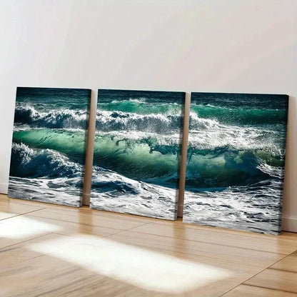 3pcs Ocean Spectacular Waves Modern Wall Art Set Canvas Framed 50x70cm - High Quality Print 100% Australian Made Wall Canvas Ready to Hang