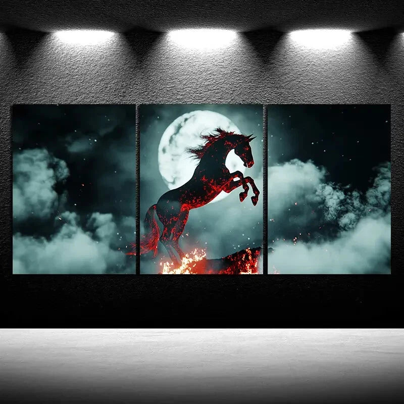 3pcs Abstract Horse and Moon Fire Metal Print Ready to Hang Art - Bella Home Decor