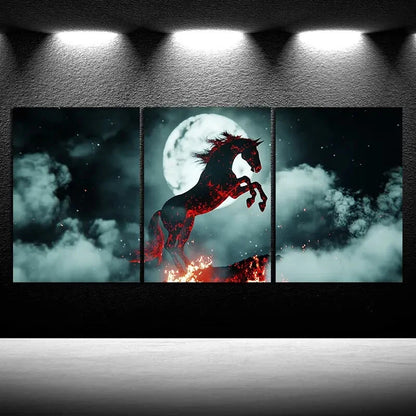 3pcs Abstract Horse and Moon Fire Metal Print Ready to Hang Art - Bella Home Decor