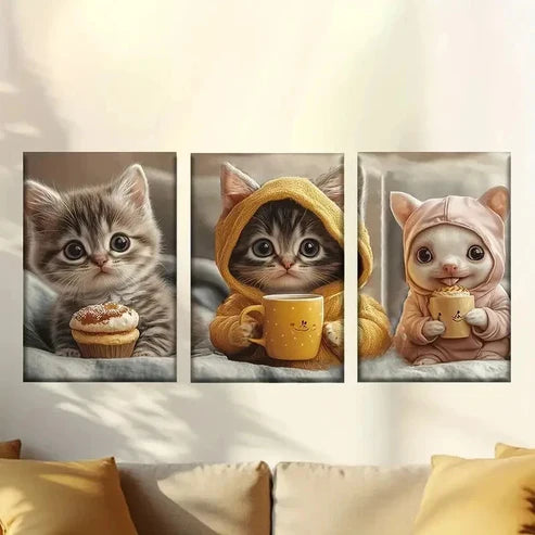 3pcs Cute Modern Style Cake Cat, Coffee Cat Wall Art Canvas Unframed - High Quality Print 100% Australian Made Wall Canvas - Bella Home Decor