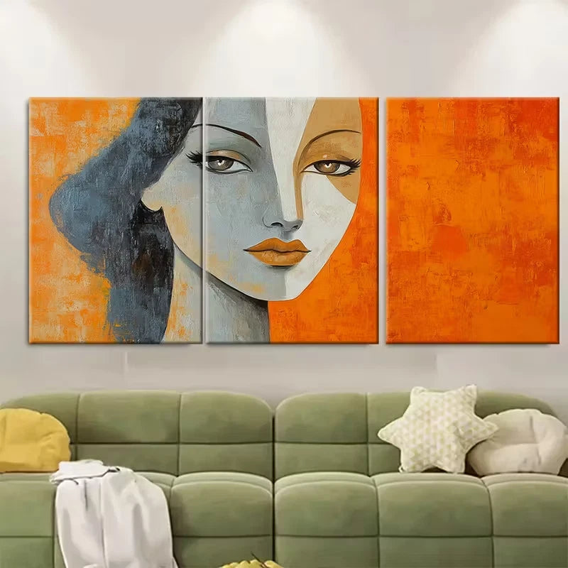 3pcs Orange and Beige Women Portrait Abstract Metal Print Ready to Hang Art