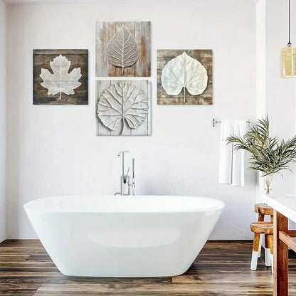 4pcs White Leaf Wall Art Canvas Framed