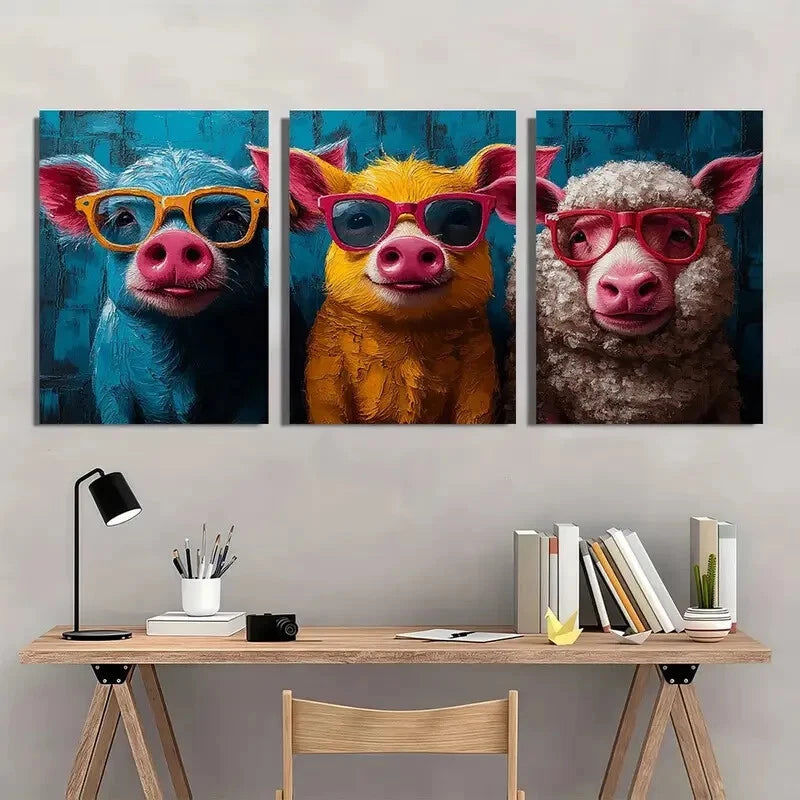 3pcs Animal Vibrant Pig Cow Sheep with Glasses Metal Print Ready to Hang Art - Bella Home Decor