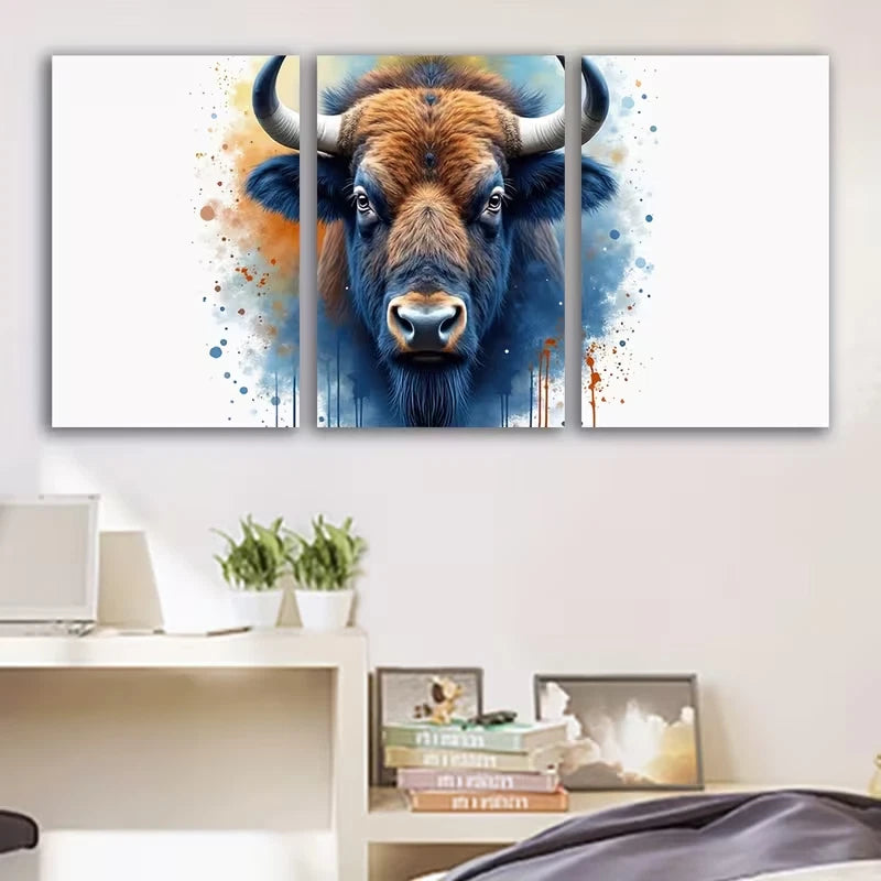 3pcs Abstract Bison Watercolor Painting Wall Art Set Canvas Framed 60x90cm - High Quality Print 100% Australian Made Wall Canvas Ready to Hang - Bella Home Decor