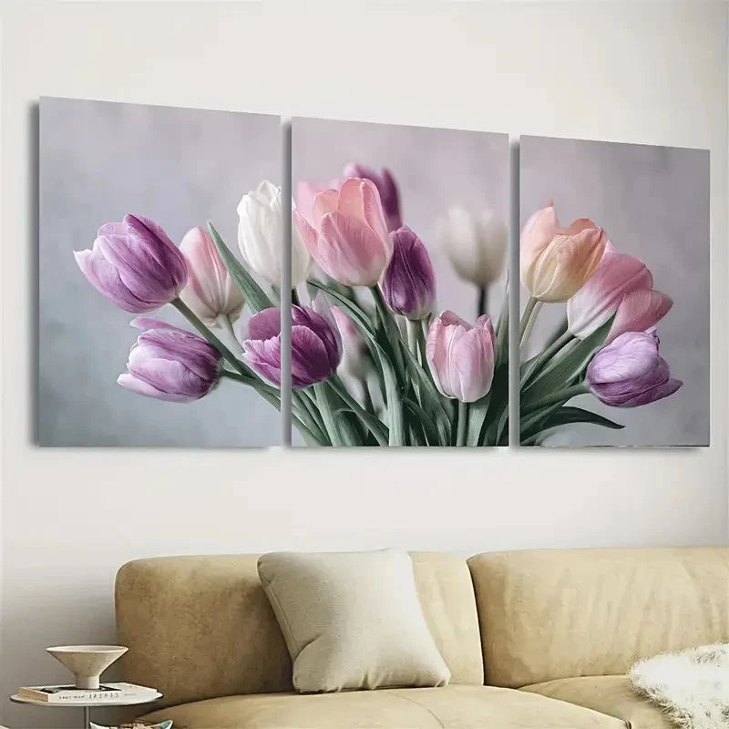 3pcs Dainty Tulip Soft Pastel Floral Wall Art Set Canvas Framed 60x90cm - High Quality Print 100% Australian Made Wall Canvas Ready to Hang - Bella Home Decor