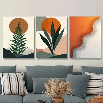 3pcs Vibrant Sun, Leaf Pink, Orange, Blue, Green Metal Print Ready to Hang Art