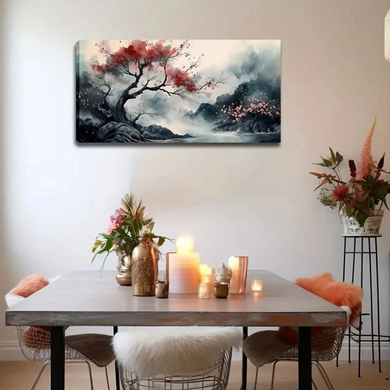 Tree Branch Blooming Big Red Wall Art Canvas Office Home Room Framed 120x60cm - Bella Home Decor