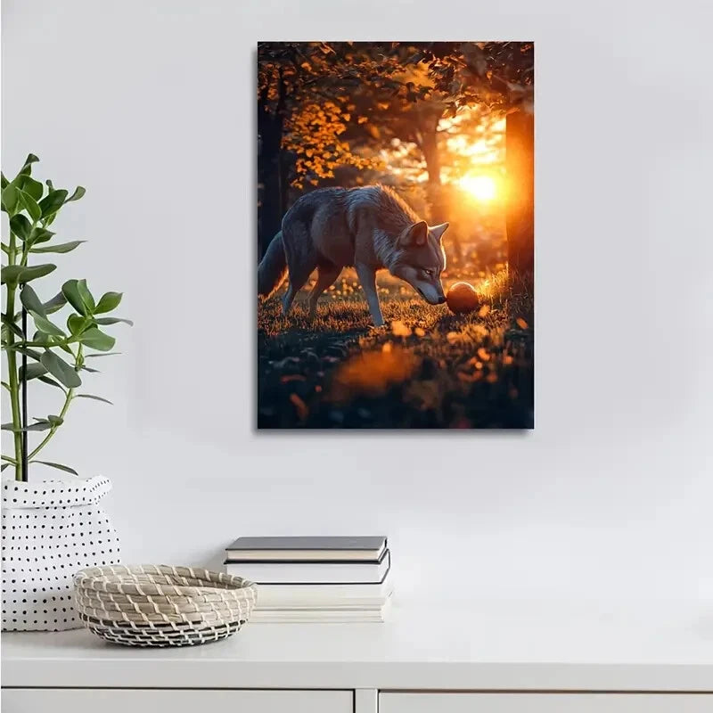 Wolf Playing with Ball Under Sunset Painting 40x60cm Metal Print Ready to Hang - Bella Home Decor