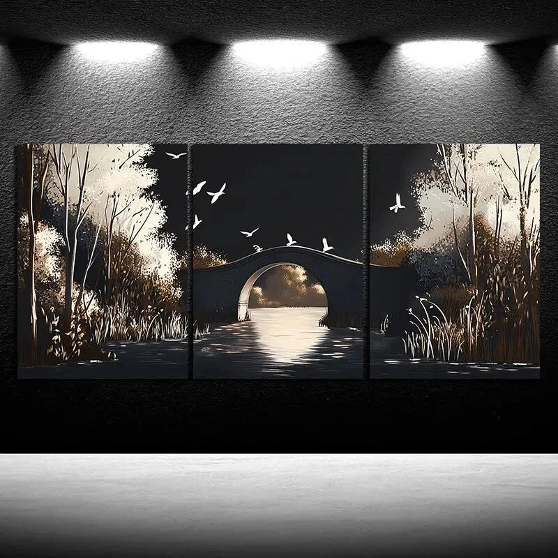 3pcs Beautiful Arch Bridge White Birds Metal Print Ready to Hang Art - Bella Home Decor