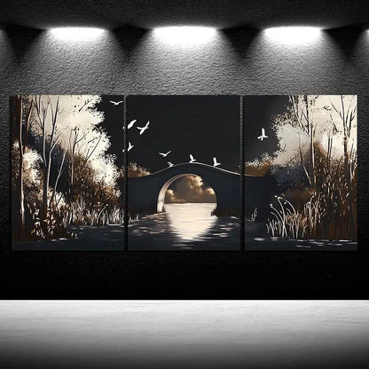 3pcs Beautiful Arch Bridge White Birds Metal Print Ready to Hang Art - Bella Home Decor