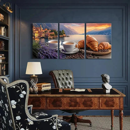 3pcs Morning Serenity Croissant Coffee Metal Print Ready to Hang Art - Bella Home Decor