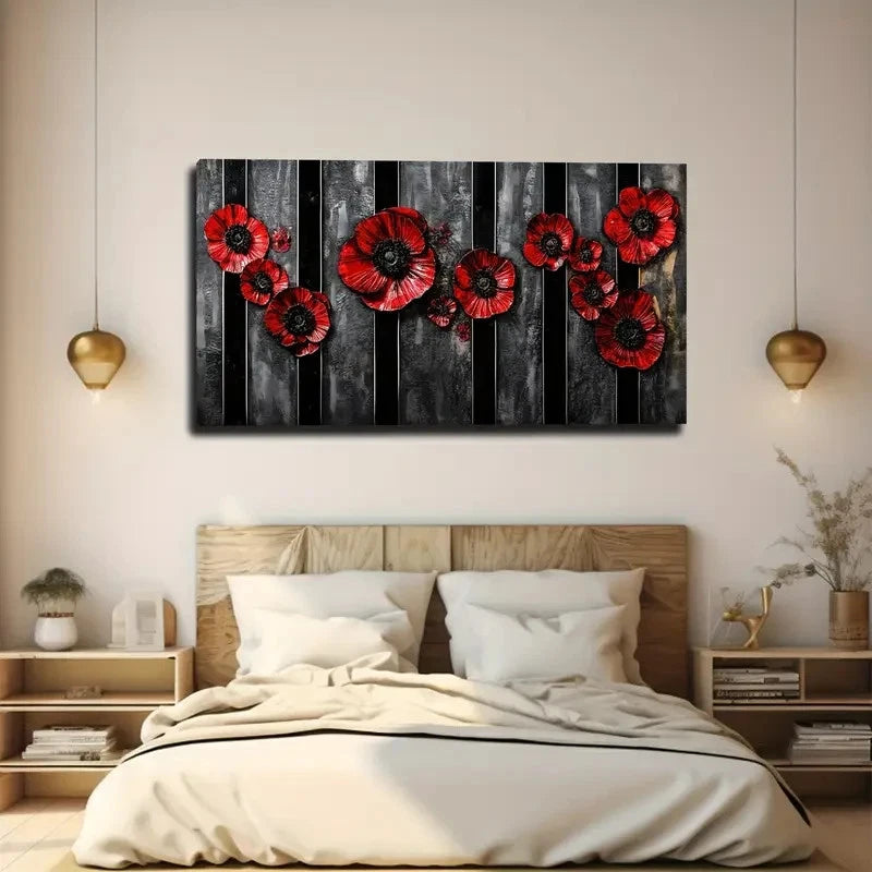 Vibrant Red Poppies on Black Wall Art canvas office home room framed 120x60cm - Bella Home Decor