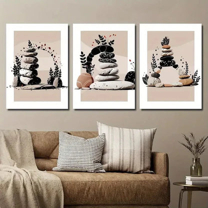 3pcs Abstract Stone Plant Art Zen Stone Stacked Wall Art Set Canvas Unframed - High Quality Print 100% Australian Made Wall Canvas - Bella Home Decor