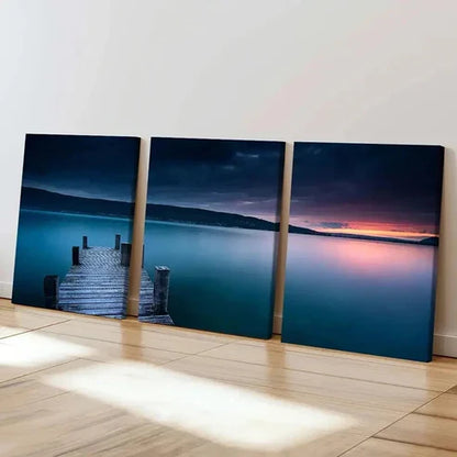 3pcs Sunset Lake & Mountain Pier View Wall Art Set Canvas Unframed - High Quality Print 100% Australian Made Wall Canvas