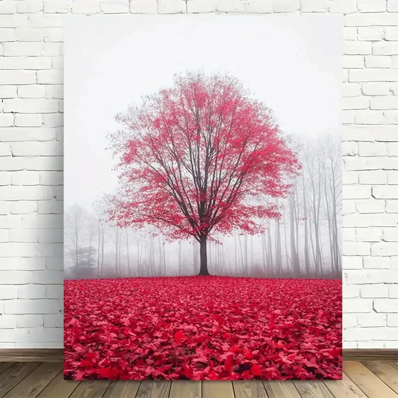 Beautiful Foggy Red Forest Painting 40x60cm Metal Print Ready to Hang - Bella Home Decor