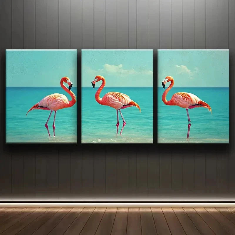 3pcs Pink Flamingos Trio Wall Art Set Canvas Framed 40x60cm - High Quality Print 100% Australian Made Wall Canvas Ready to Hang