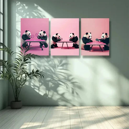 3pcs Adorable Panda Playing Table Tennis Wall Art Canvas Unframed - High Quality Print 100% Australian Made Wall Canvas - Bella Home Decor