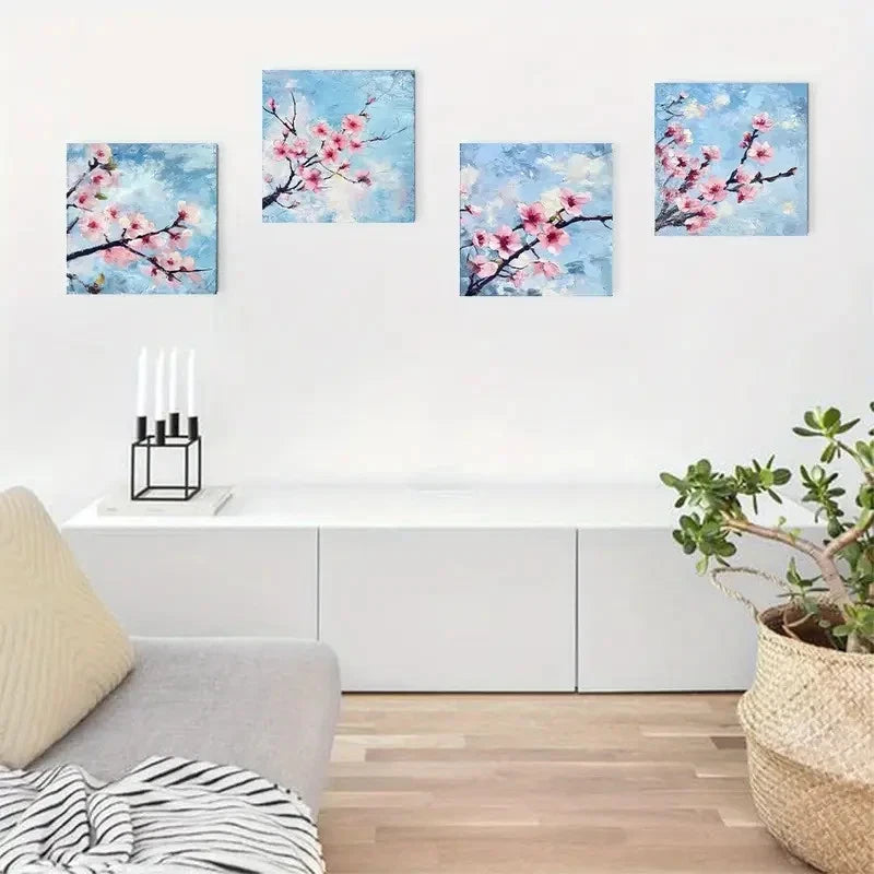 4pcsPink & White Flowers on Blue SkyWall Art Canvas Framed