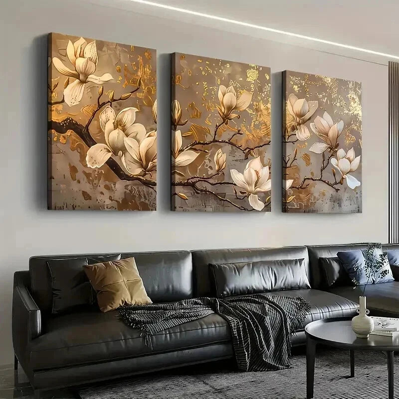 3pcs Abstract Golden Light Luxury Flower Wall Art Set Canvas Framed 40x60cm - High Quality Print 100% Australian Made Wall Canvas Ready to Hang - Bella Home Decor
