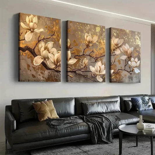 3pcs Abstract Golden Light Luxury Flower Wall Art Set Canvas Framed 40x60cm - High Quality Print 100% Australian Made Wall Canvas Ready to Hang