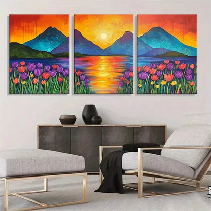 3pcs Vibrant Sunset Mountain Lake Tulip Wall Art Canvas Unframed - High Quality Print 100% Australian Made Wall Canvas