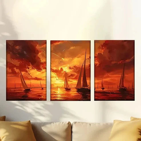 3pcs Sailboats in Sunset Wall Art Canvas Unframed – High Quality Print 100% Australian Made Wall Canvas