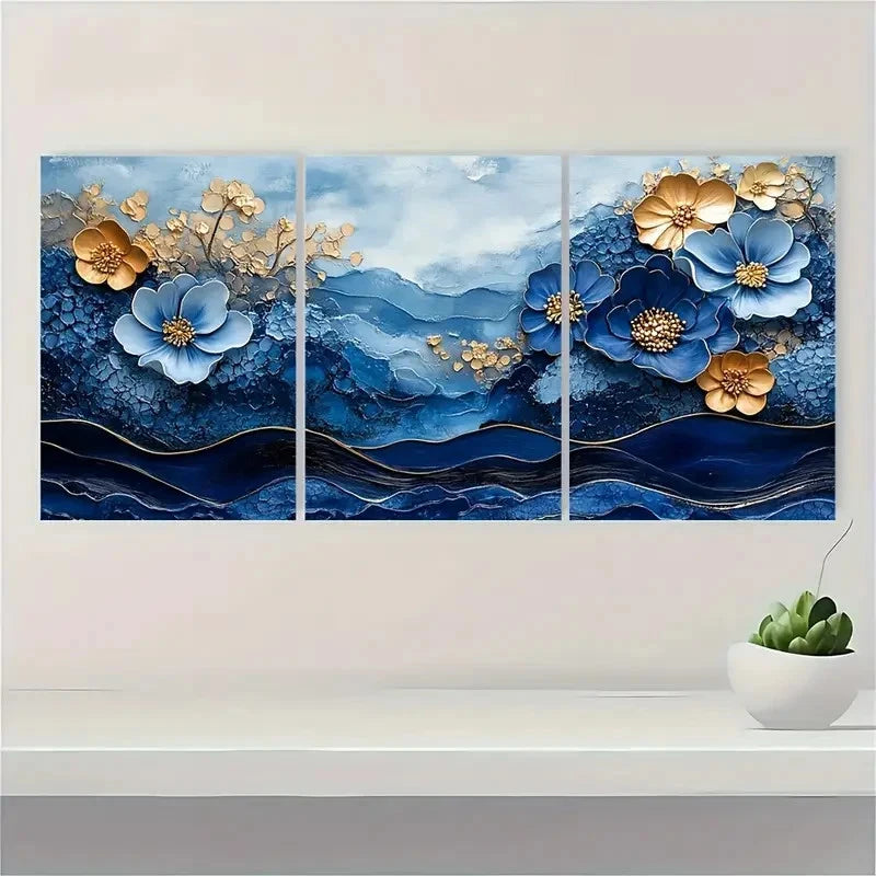 3pcs Trio in Indigo & Honeycomb Blue ty   Wall Art Set Canvas Framed 40x60cm - High Quality Print 100% Australian Made Wall Canvas Ready to Hang
