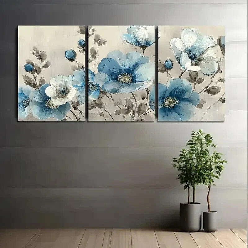 3pcs Light Blue & White Floral Painting Metal Print Ready to Hang Art - Bella Home Decor