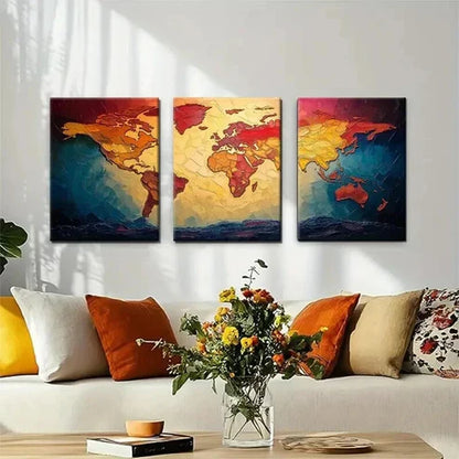 3pcs Colorful World Map for Office Perfect Wall Art Set Canvas Unframed - High Quality Print 100% Australian Made Wall Canvas - Bella Home Decor