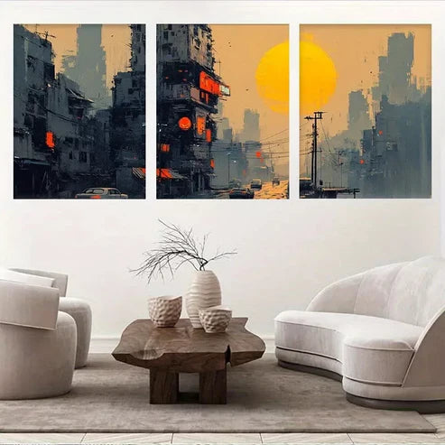 3pcs Urban Dystopian Sunset Cyberpunk Cityscape Wall Art Set Canvas Unframed - High Quality Print 100% Australian Made Wall Canvas