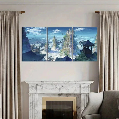 3pcs Japanese Anime Landscape Game Scene Wall Art Set Canvas Framed 60x90cm - High Quality Print 100% Australian Made Wall Canvas Ready to Hang