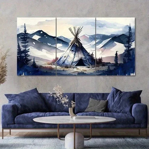 3pcs Vibrant Native American Tipi & Mountain Wall Art Canvas Unframed - High Quality Print 100% Australian Made Wall Canvas