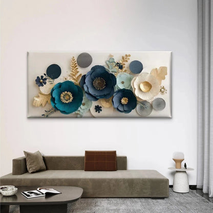 Blue & Teal Floral with Golden Wall Art Canvas Office Home Room Framed 120x60cm